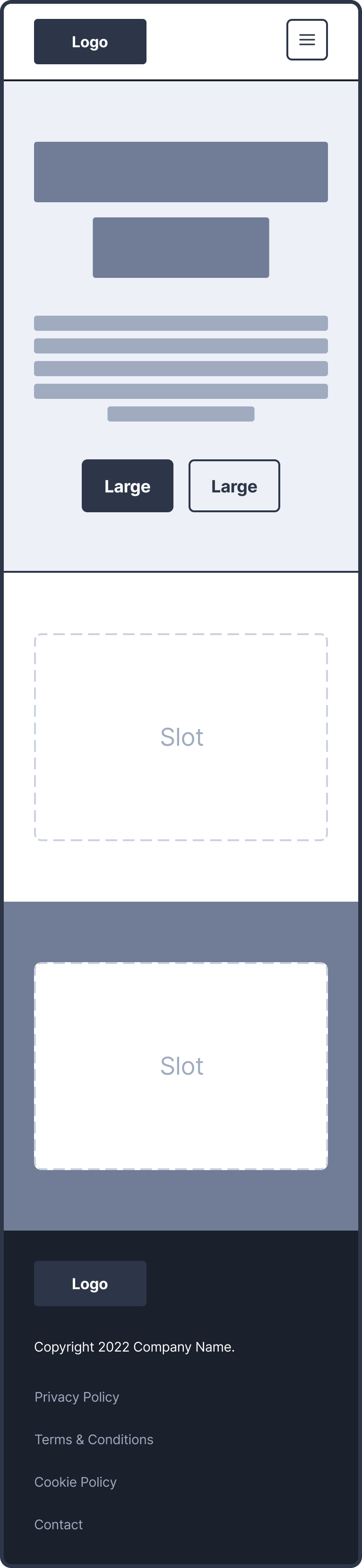 D Tulip Couture mobile wireframe showing compact navigation, hero, slots, and footer.